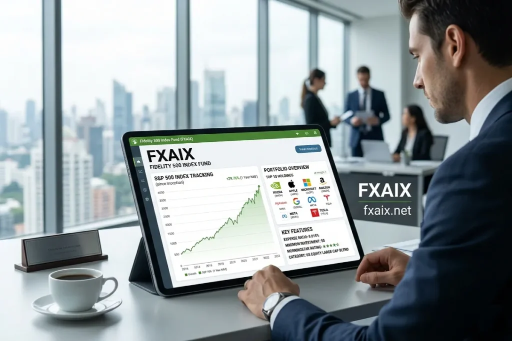 A modern professional in a light-filled office, looking at a large tablet displaying a detailed dashboard for the 'FXAIX' Fidelity 500 Index Fund with charts and logos. The words 'FXAIX' and 'fxaix.net' are prominently featured on the desk and side of the tablet.