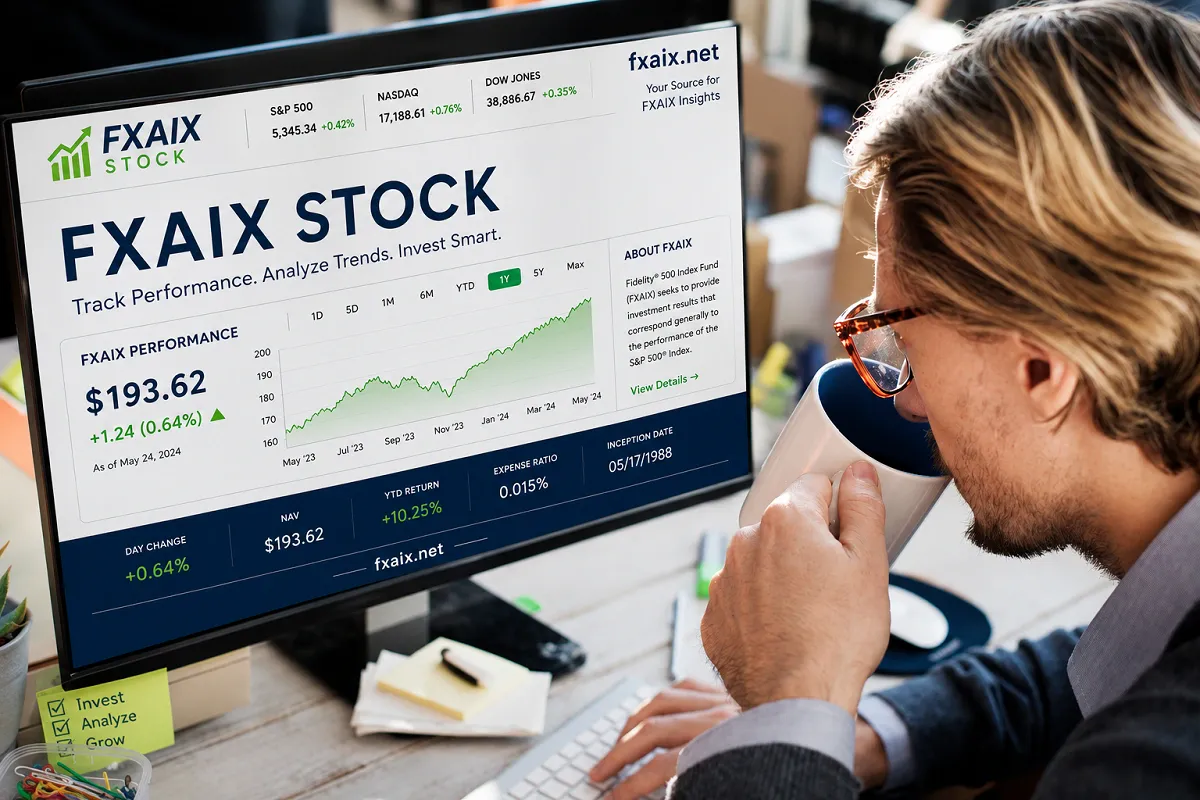 Professional investor reviewing FXAIX Stock performance on a trading dashboard featuring the fxaix.net website branding.