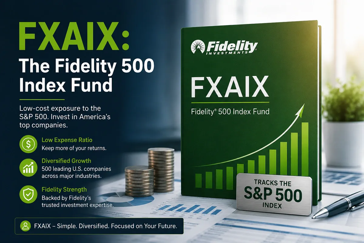 Professional infographic for FXAIX, the Fidelity 500 Index Fund, featuring growth charts, financial data visuals, and an S&P 500 investment theme.