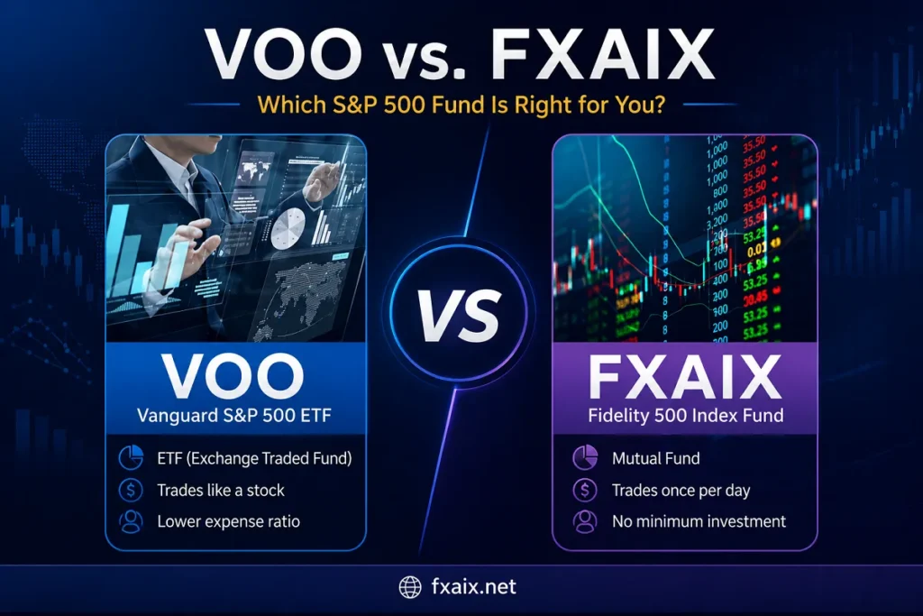 Professional comparison graphic of VOO vs. FXAIX featuring investment charts, fund visuals, and the website name fxaix.net on a modern financial-themed background.