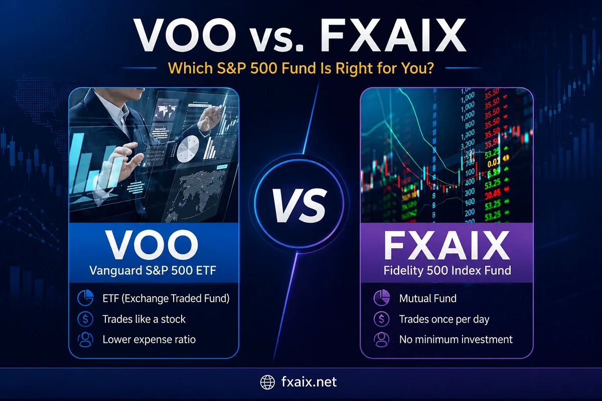 Professional comparison graphic of VOO vs. FXAIX featuring investment charts, fund visuals, and the website name fxaix.net on a modern financial-themed background.
