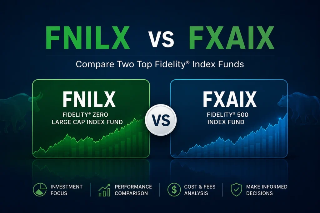 Professional comparison graphic featuring FNILX vs FXAIX with investment charts, performance metrics, and a modern blue financial design.