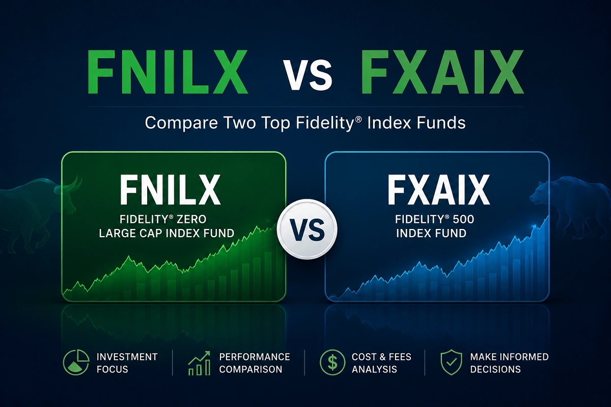 Professional comparison graphic featuring FNILX vs FXAIX with investment charts, performance metrics, and a modern blue financial design.