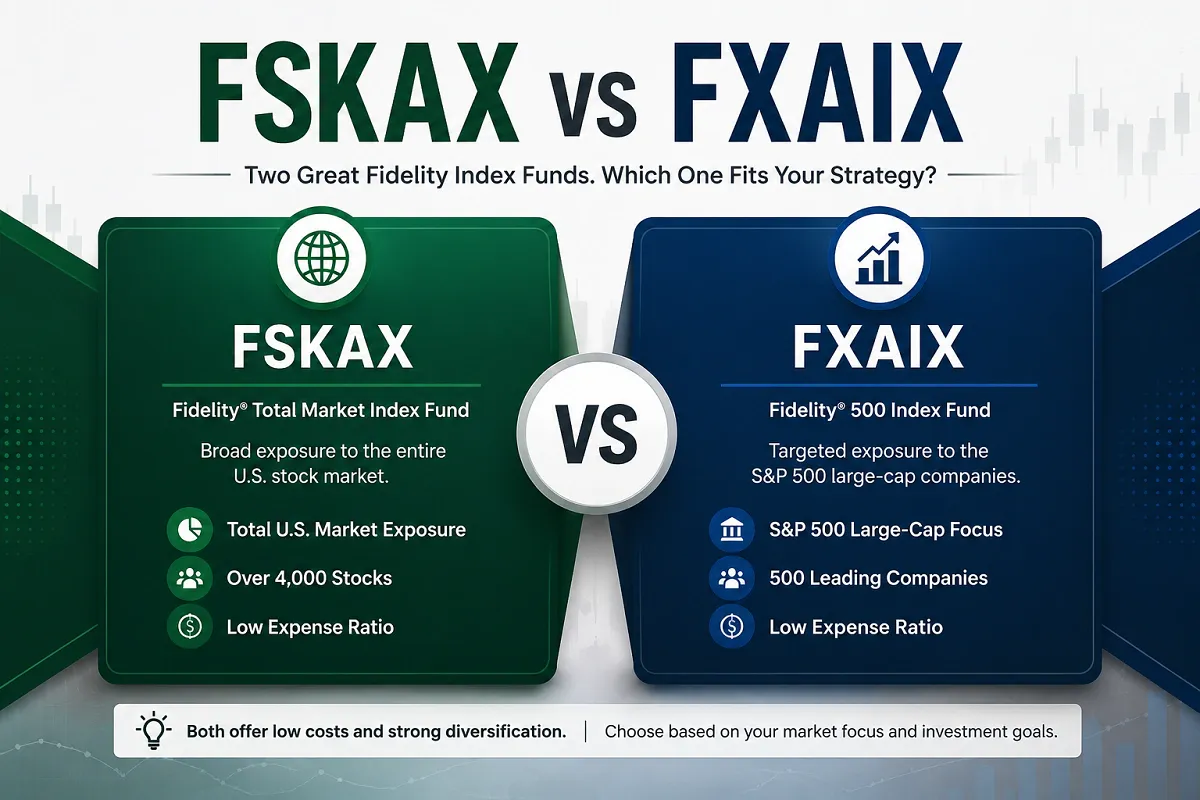 Professional comparison infographic of FSKAX vs FXAIX, highlighting Fidelity Total Market Index Fund versus Fidelity 500 Index Fund with key features and low expense ratios.