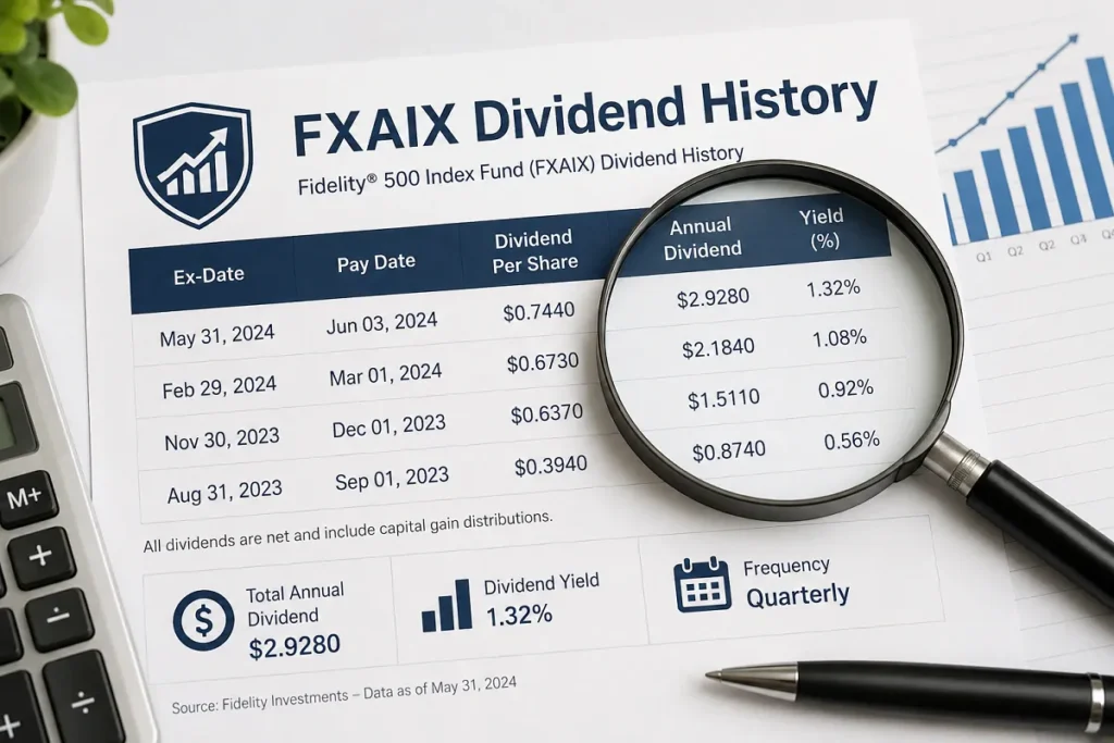 Professional FXAIX Dividend History report with magnifying glass highlighting dividend data and yield information.