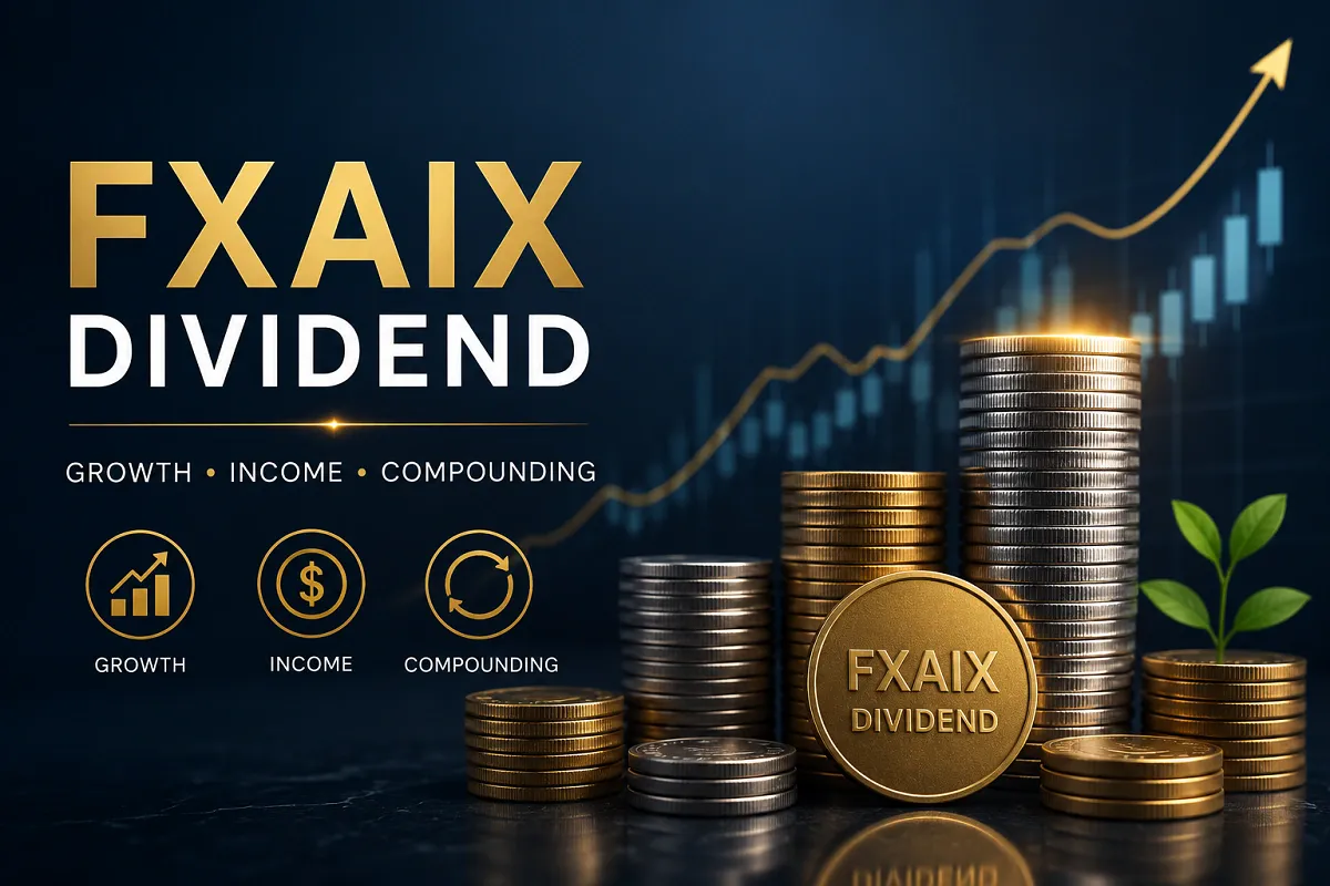 Professional FXAIX Dividend graphic featuring stacked coins, financial growth chart, and dividend income investment theme.