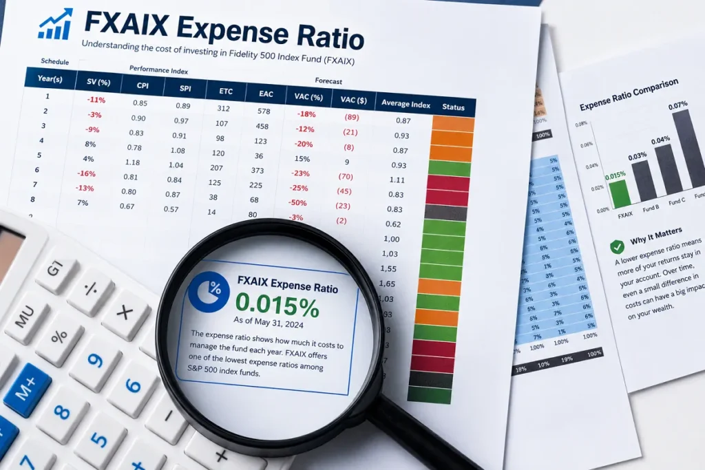 Financial report with a magnifying glass highlighting the FXAIX Expense Ratio (0.015%), alongside a calculator, performance tables, and an expense ratio comparison chart.