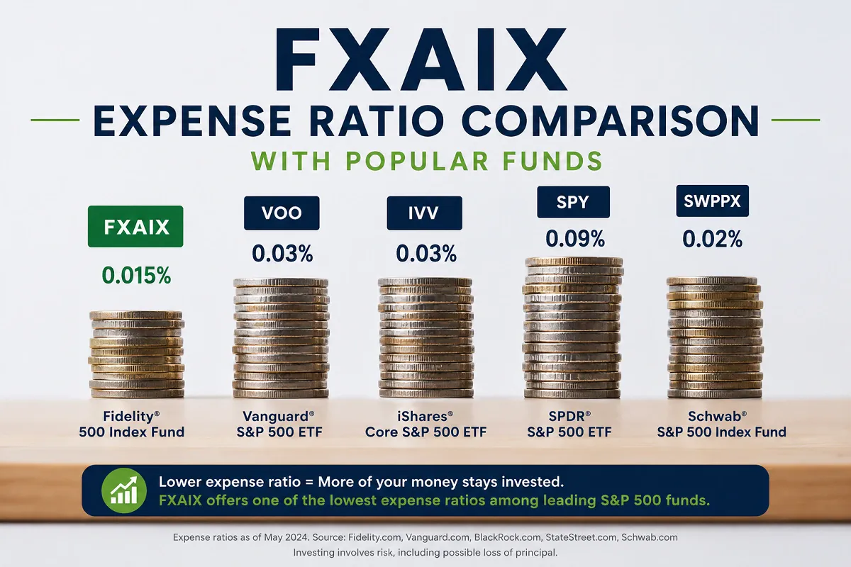 Infographic comparing FXAIX expense ratio with popular S&P 500 index funds using labeled coin stacks to highlight lower investment costs.