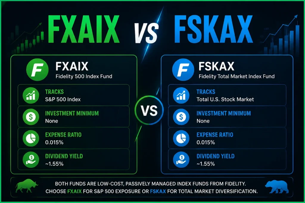 FXAIX vs FSKAX comparison infographic showing Fidelity 500 Index Fund and Total Market Index Fund with expense ratio, dividend yield, and investment features.