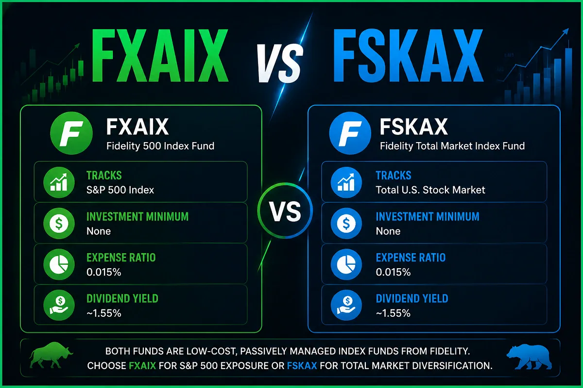 FXAIX vs FSKAX comparison infographic showing Fidelity 500 Index Fund and Total Market Index Fund with expense ratio, dividend yield, and investment features.