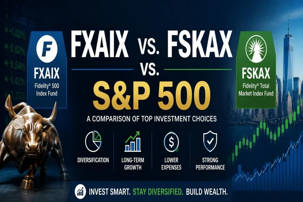 Financial comparison graphic showing FXAIX vs FSKAX vs S&P 500 with stock market charts.