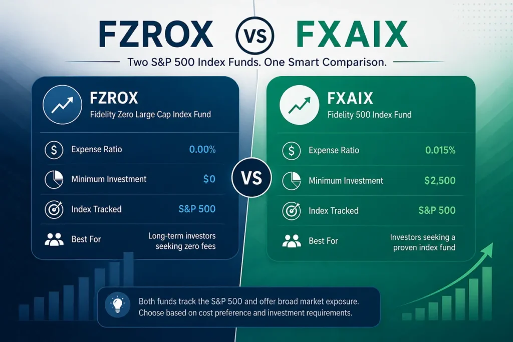 Professional comparison graphic of FZROX vs FXAIX index funds, highlighting key differences in expense ratios, investment features, and long-term investing benefits.