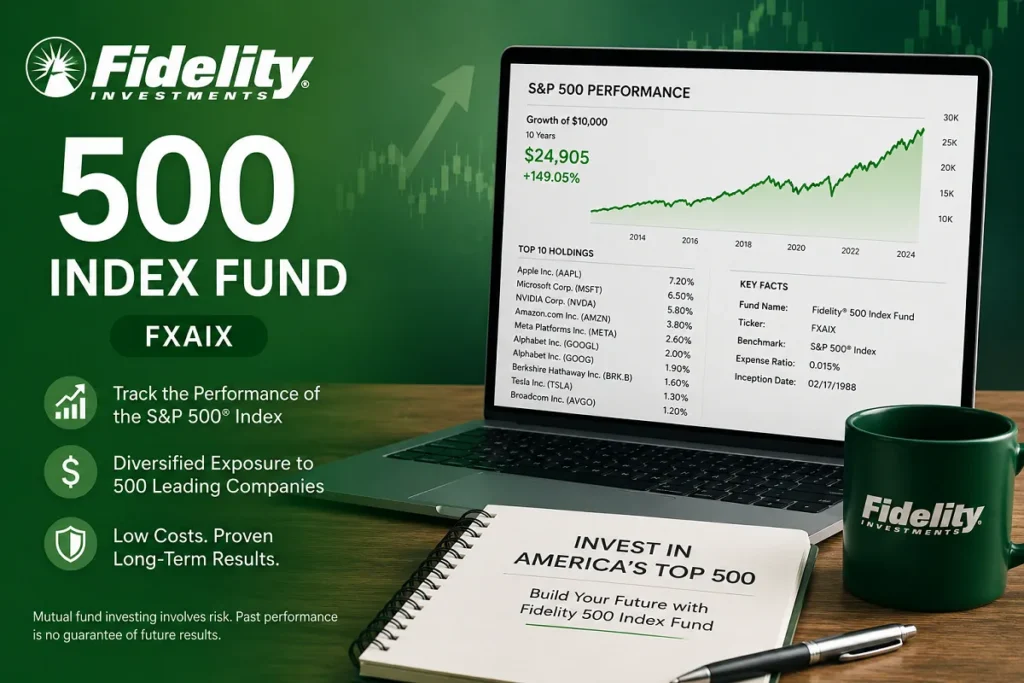 Professional green-themed graphic highlighting the Fidelity 500 Index Fund (FXAIX) with S&P 500 performance, top holdings, and key investment information.