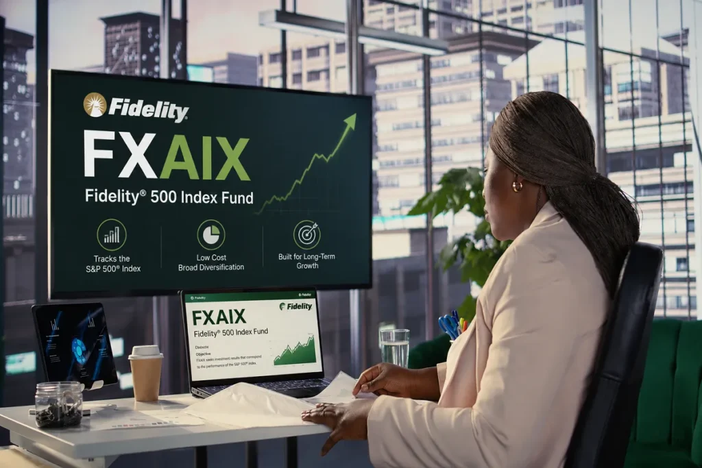 Professional office scene featuring a financial analyst reviewing Fidelity FXAIX (Fidelity 500 Index Fund) performance on a large display with growth charts and investment insights.
