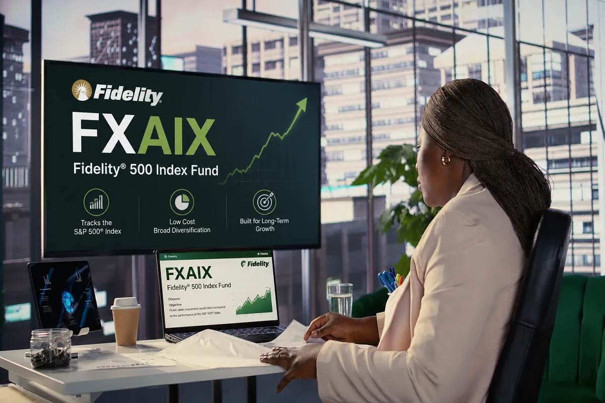 Professional office scene featuring a financial analyst reviewing Fidelity FXAIX (Fidelity 500 Index Fund) performance on a large display with growth charts and investment insights.