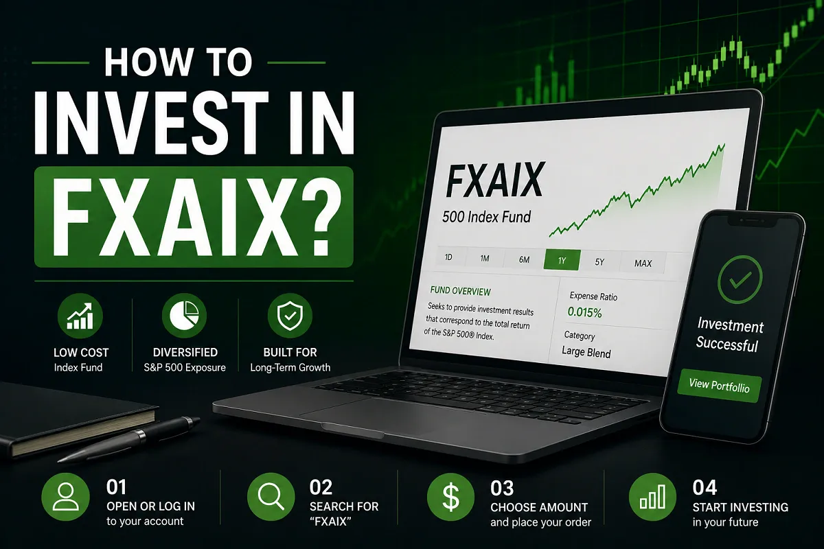 Professional illustration showing how to invest in FXAIX with a laptop displaying a 500 Index Fund chart, investment steps, and financial growth graphics.