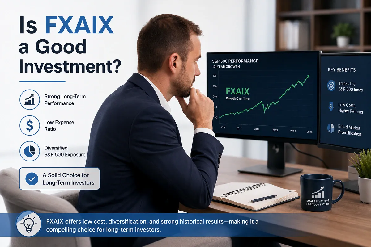 Professional investor analyzing FXAIX performance charts with the headline "Is FXAIX a Good Investment?" highlighting long-term growth, low costs, and diversification.