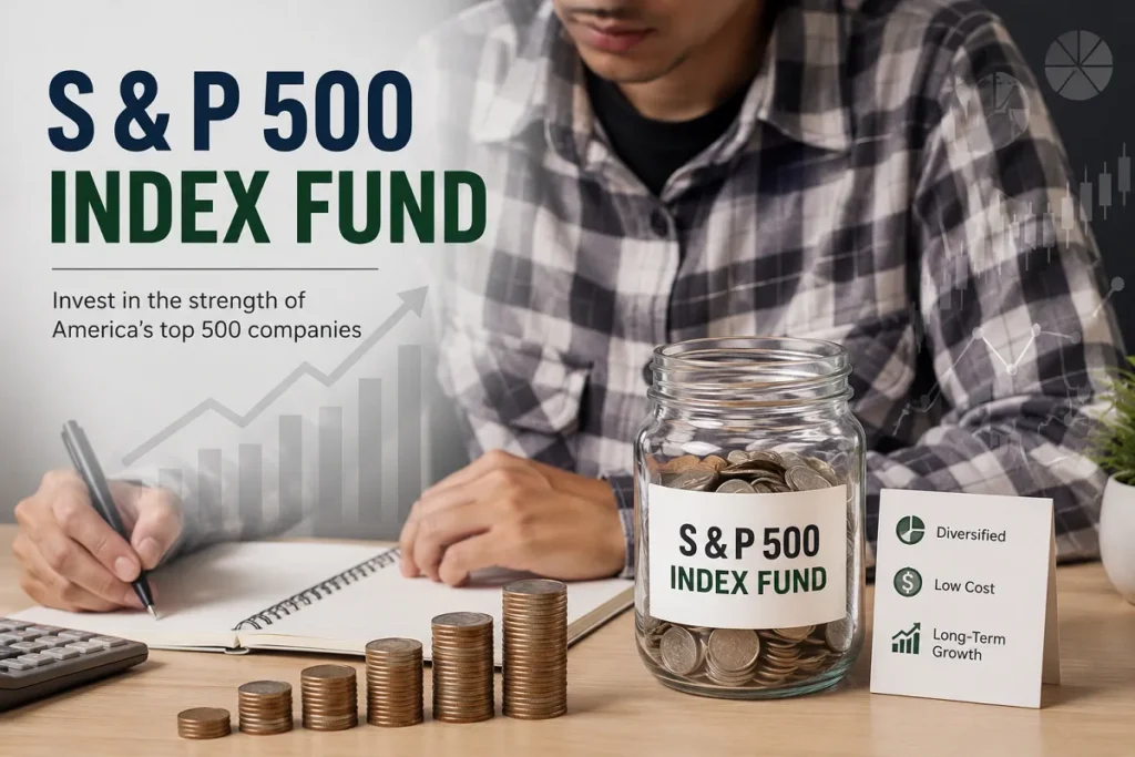 S&P 500 Index Fund concept showing coin savings, investment planning, and long-term portfolio growth.