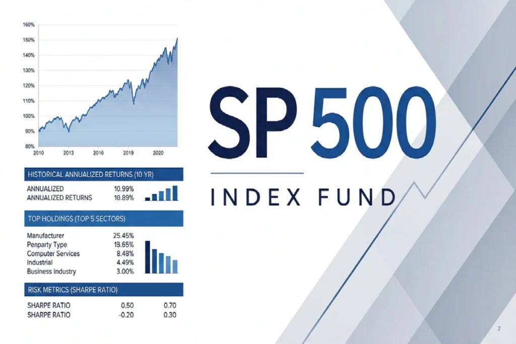 SP 500 Index Fund professional business graphic with financial charts and growth data on a clean corporate background.